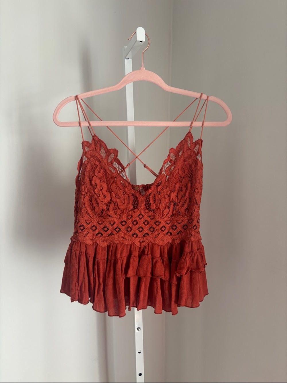 Free People Adella Cami Rust Orange Lace Strappy Ruffle Tank Top Women's Size XL